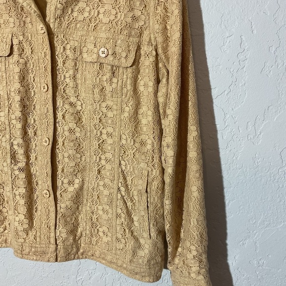 Denim & Co Buttery Yellow Lace Overlay Cotton Button Down Jacket Size Large - Picture 7 of 7